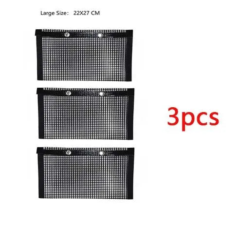 Reusable non-stick BBQ grill mesh bag on a grill with food, heat-resistant and food-safe