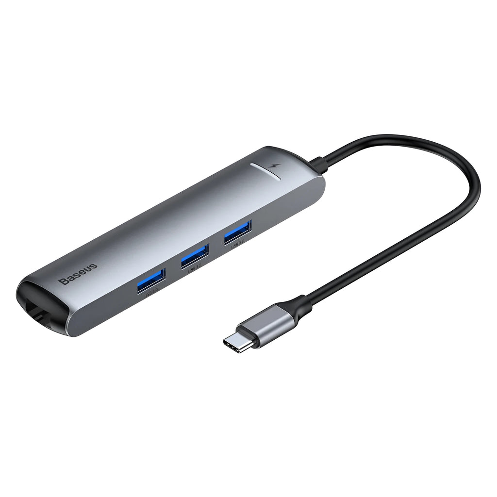Mechanical Eye Type-C Docking Station in dark grey, compatible with MacBook and iPhone, on a desk