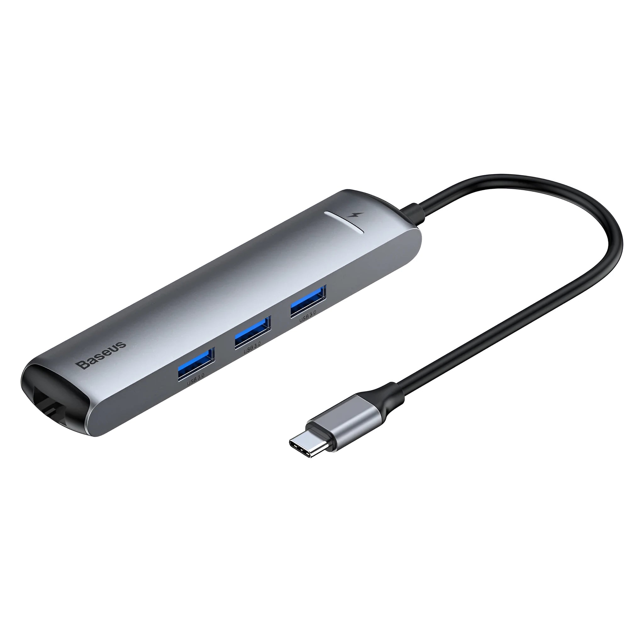 Mechanical Eye Type-C Docking Station in dark grey, compatible with MacBook and iPhone, on a desk