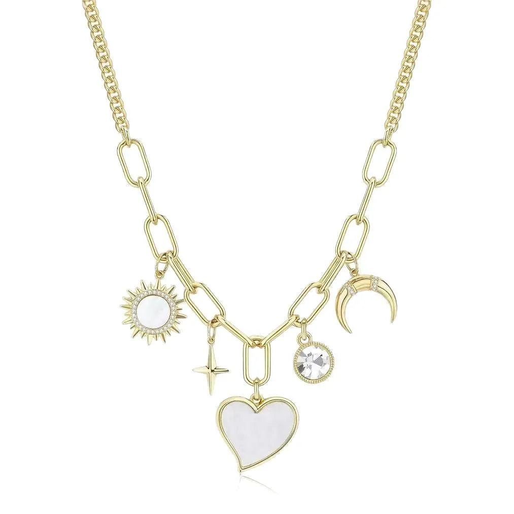 Gold alloy heart-shaped pendant necklace with inlaid zircon moon and star on bamboo chain
