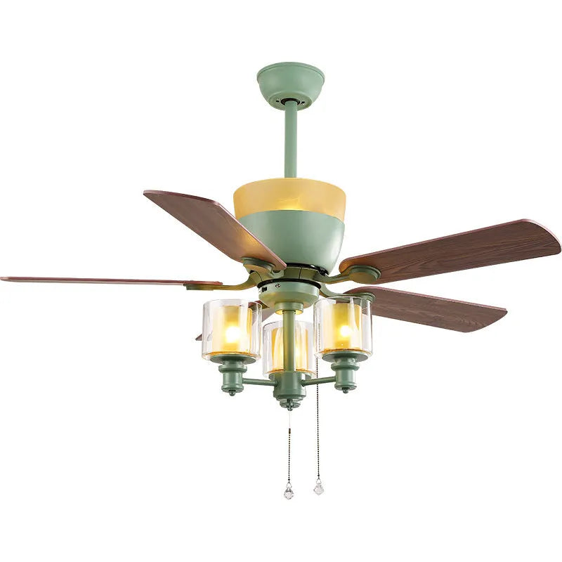 American style dark green 48-inch ceiling fan lamp with wood leaf blades and glass light shade for dining rooms