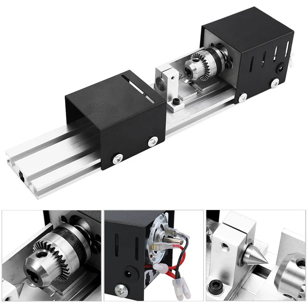 Compact metal mini woodworking lathe with carving knives on workbench