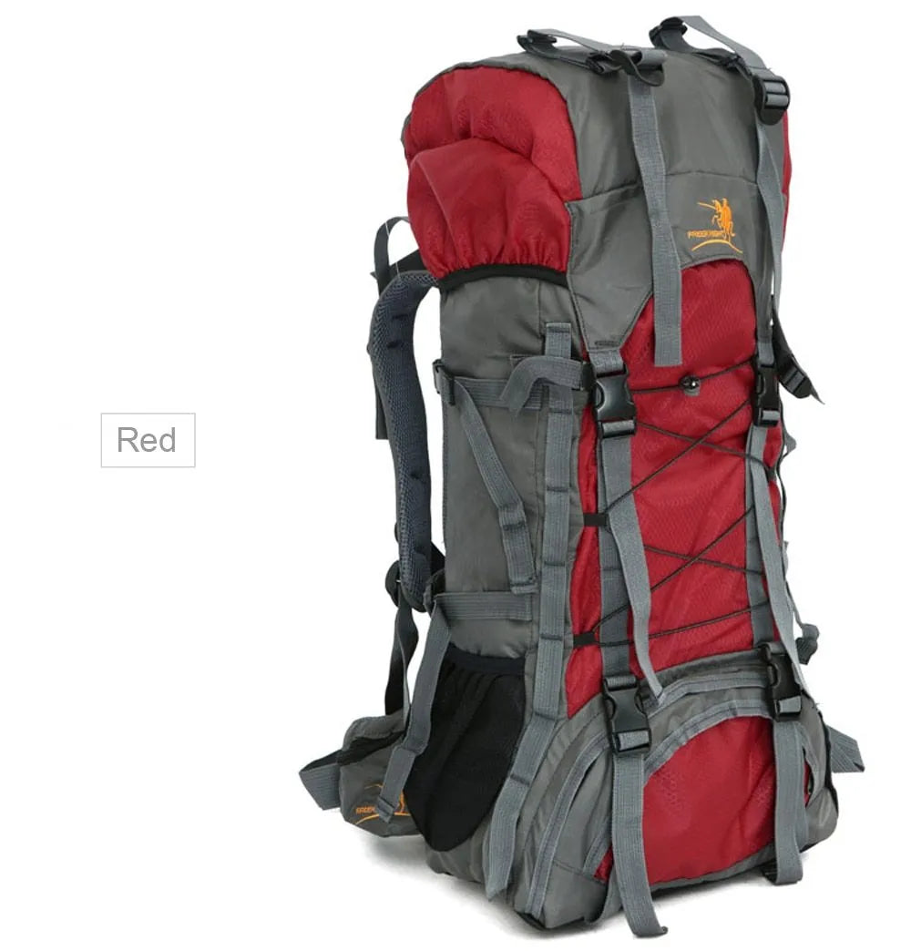 Extra large 60L nylon water resistant outdoor travel backpack with external stores system and adjustable shoulder strap