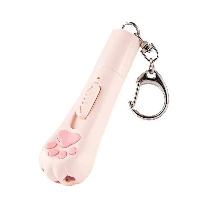 Colourful cat teaser wand toy with feather attachment and pen light charger for interactive play.
