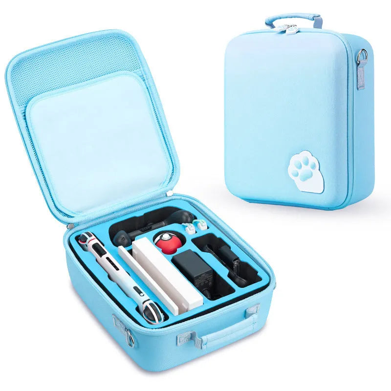 Nintendo Switch accessory storage bag in black, blue, or pink with game cartridge slots and a carrying strap.