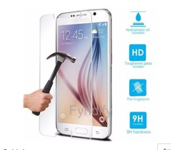 Tempered glass screen protector with 9H hardness for iPhone and Samsung phones.
