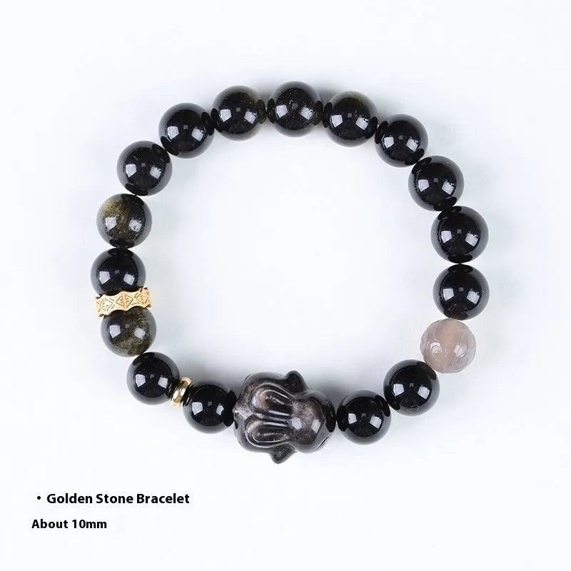 Handmade Chinese national style obsidian bracelet with lying rabbit pendant and mixed material beads