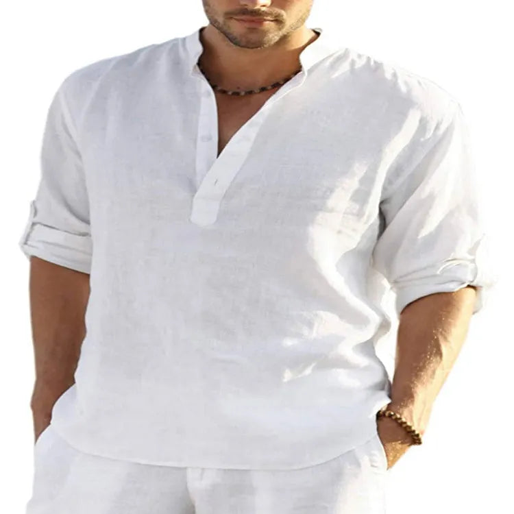 Men's cotton linen long sleeve shirt with stand collar in solid colour options