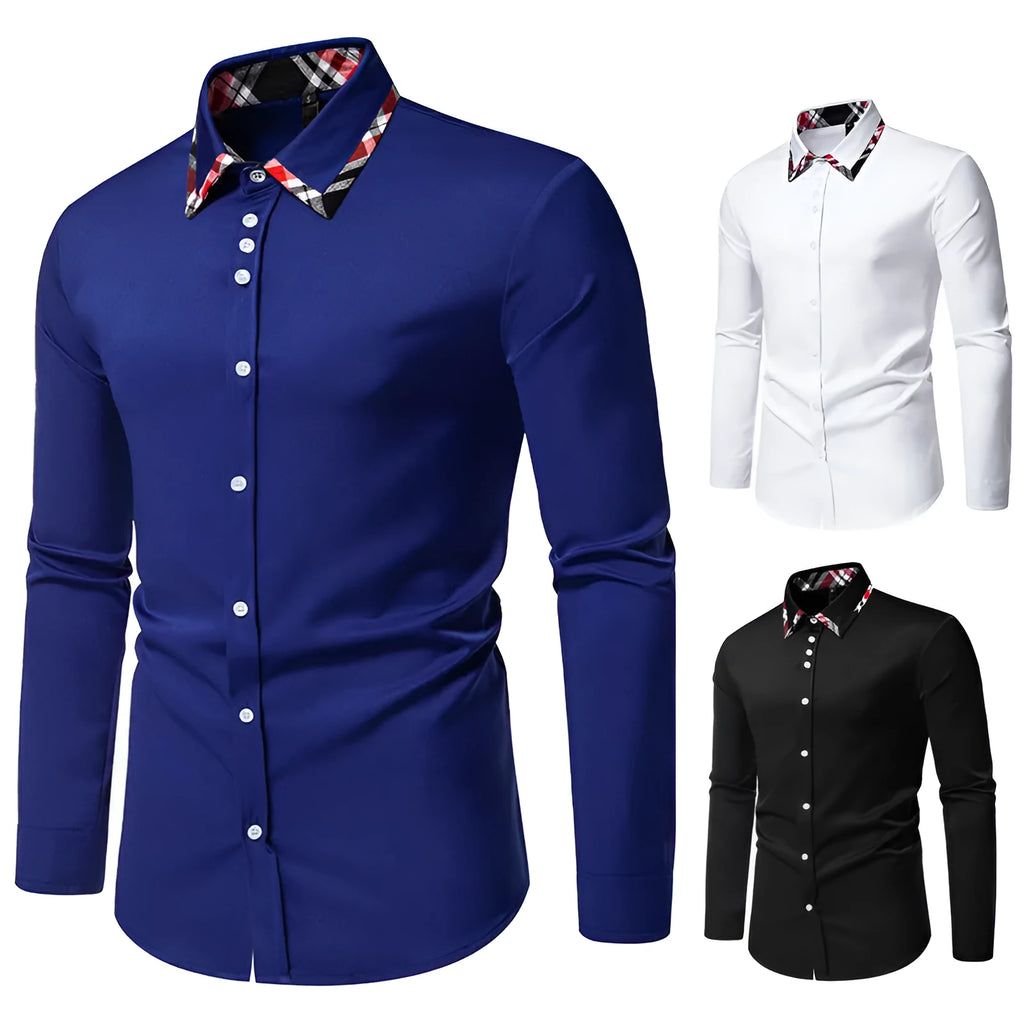 Men's polyester blend plaid shirt with triangle collar in black, blue or white colour options