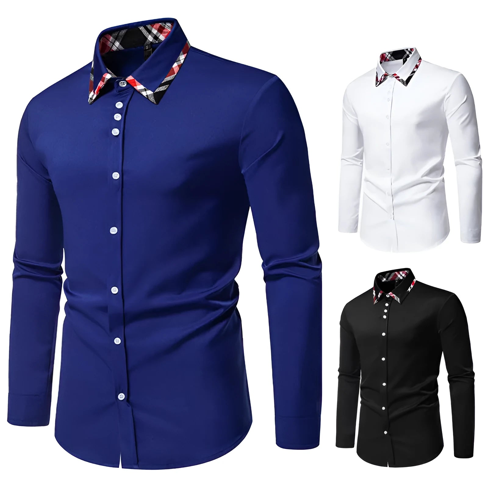 Men's polyester blend plaid shirt with triangle collar in black, blue or white colour options