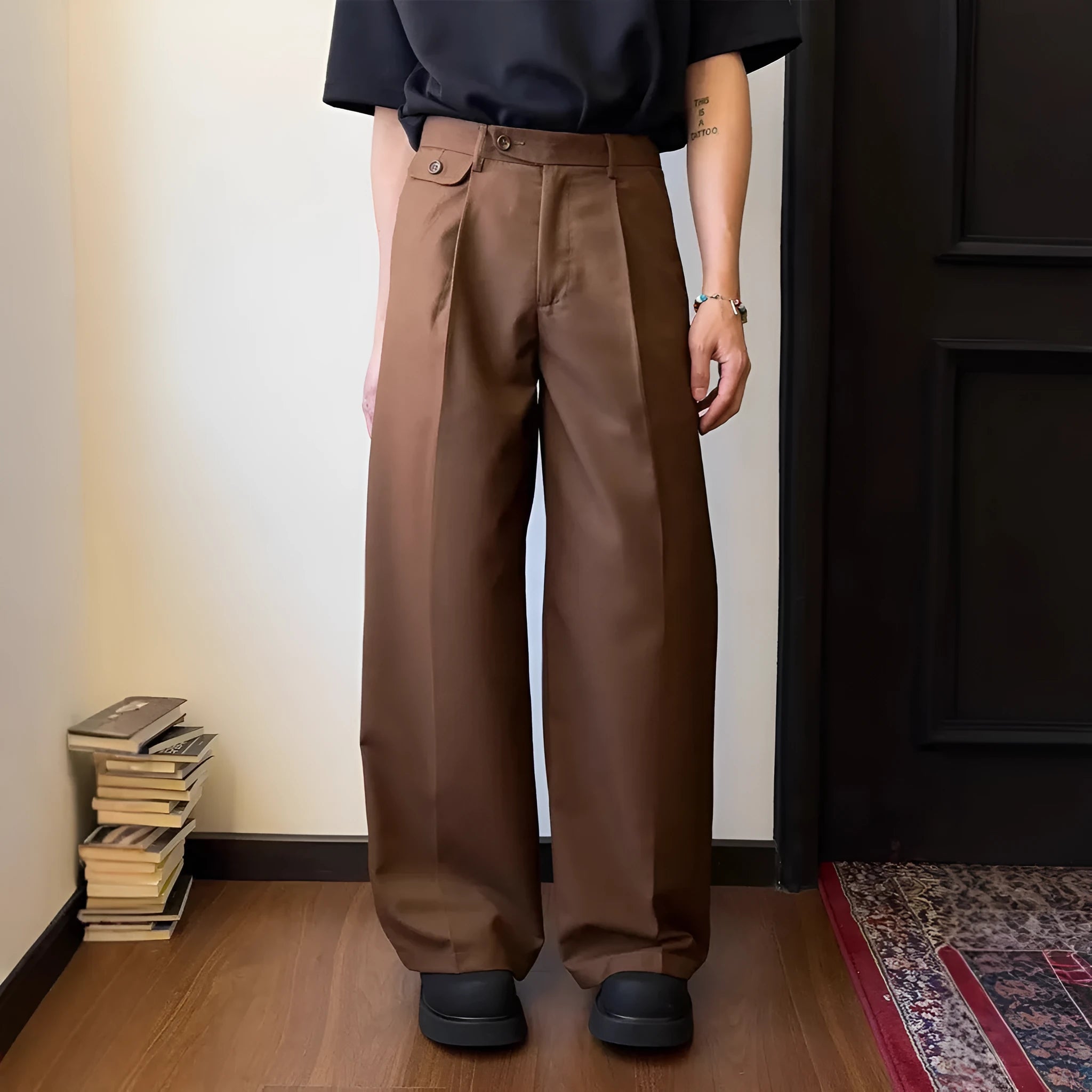 Men's brown straight-leg casual suit pants with loose wide-leg design