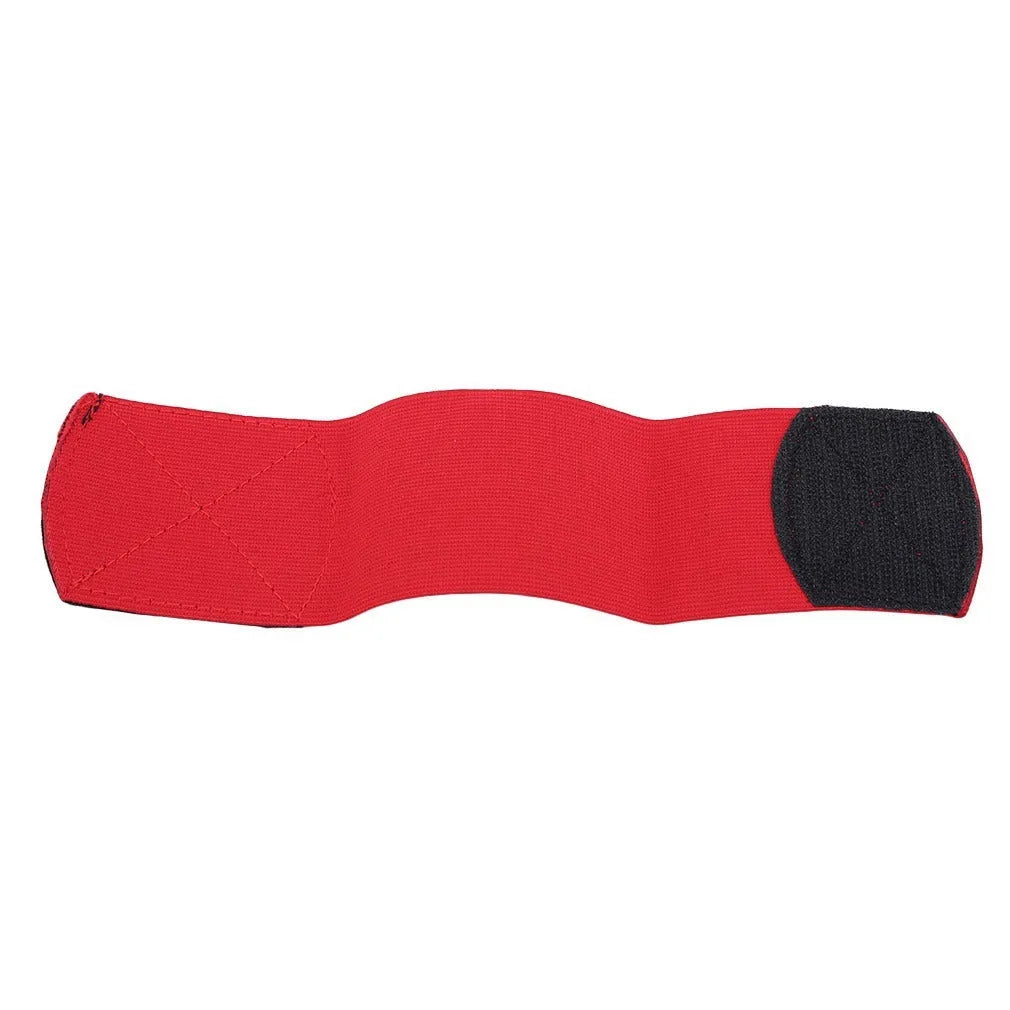 Red elastic rubber shin guard strap band for football sports, dimensions 25cm by 6.5cm.