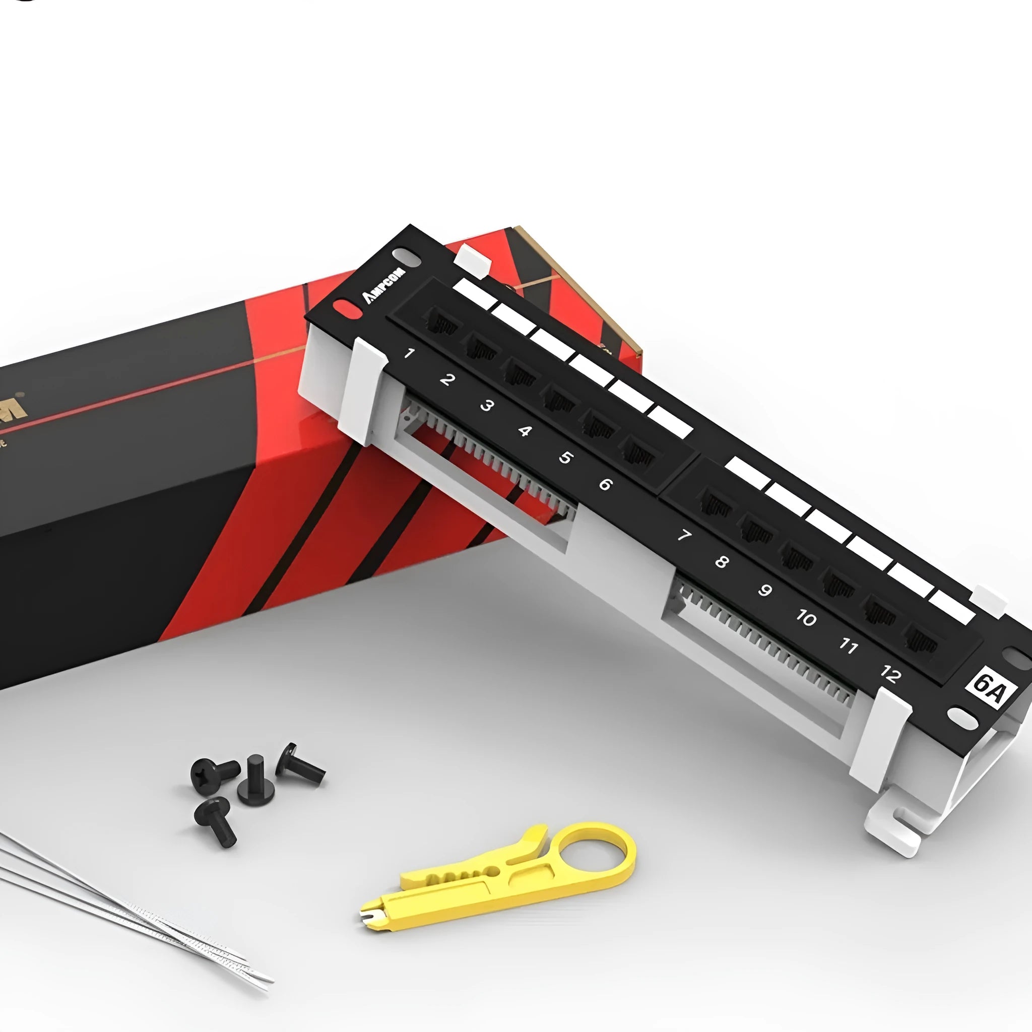 Black 12-port network distribution frame with mounting hardware and routing knife for home cable installations
