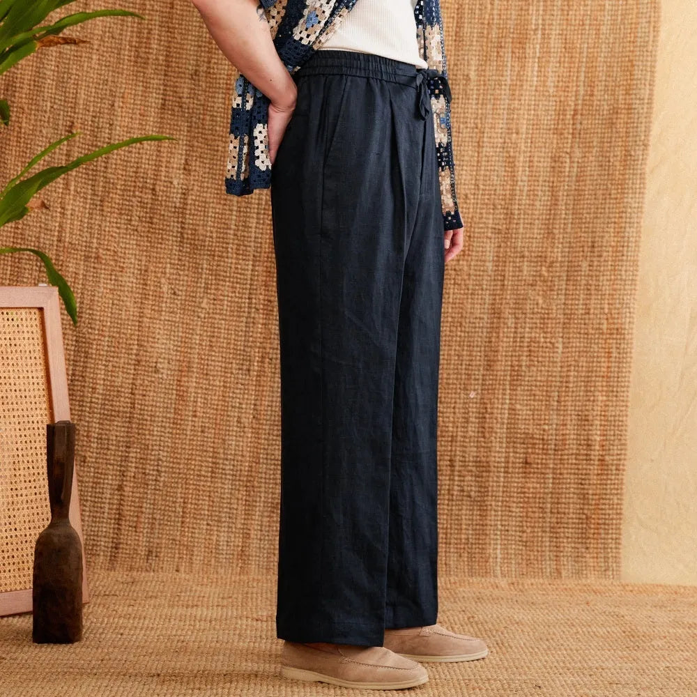 Linen high waist trousers with elasticated waistband in navy blue colour straight-leg design