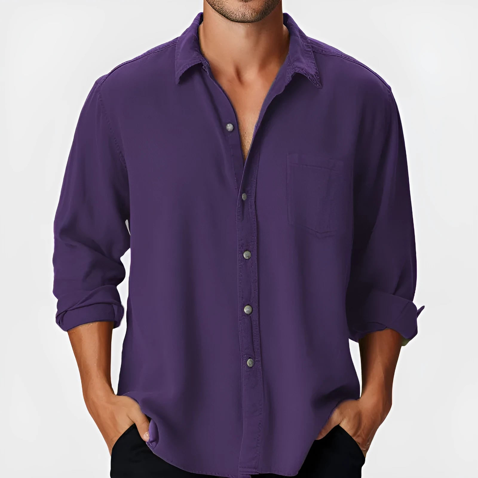 Men's loose fit polyester shirt with stand collar and long sleeves in multiple colours
