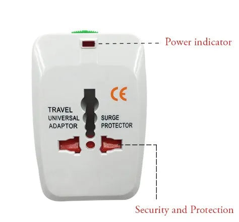 Universal travel socket adapter plug with compact dimensions for worldwide device charging