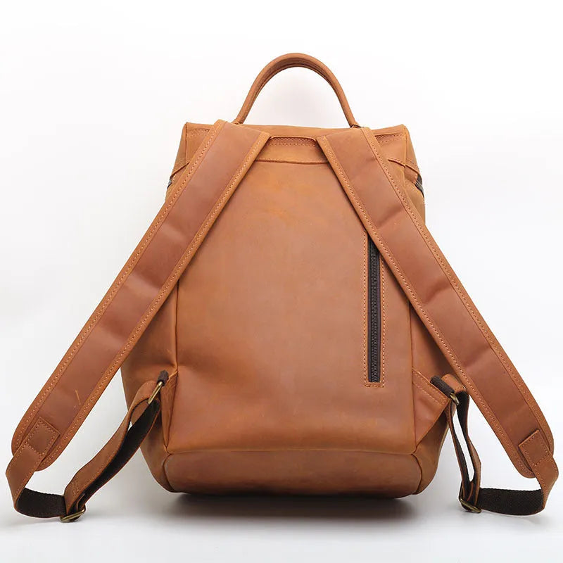 Classic retro backpack in brown Crazy Horse leather cowhide with multi-compartment and sewing thread detailing