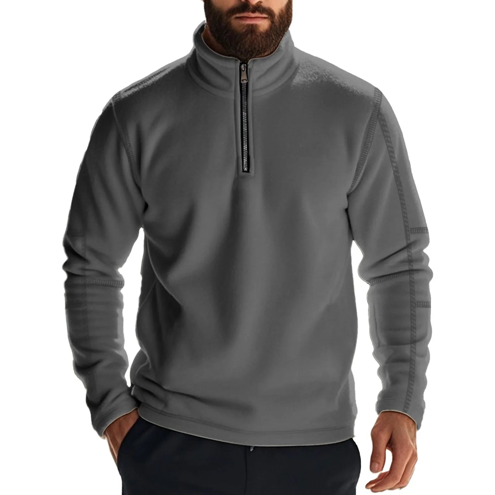 Men's fleece lined solid colour long sleeve pullover sweatshirt in light blue, front view, loose fit for casual winter wear