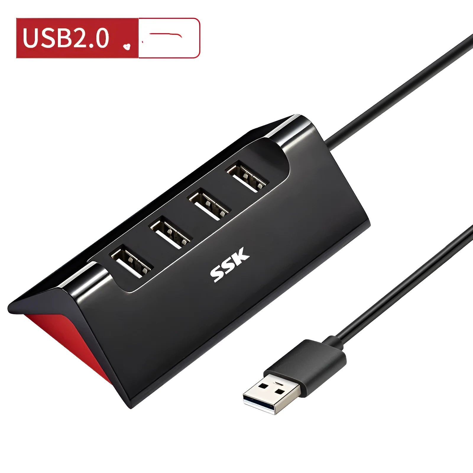 Black USB expansion dock with 4 ports and a Micro USB power input on a desk.