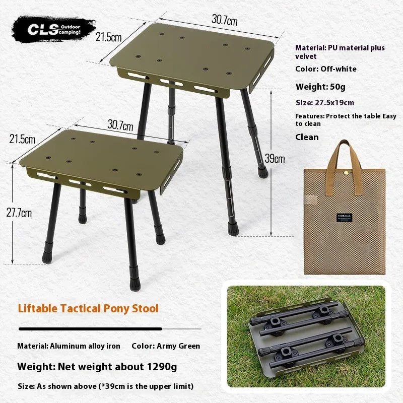 CLS aluminium dual-use folding camping stool shown extended as a table and folded with its carry bag.