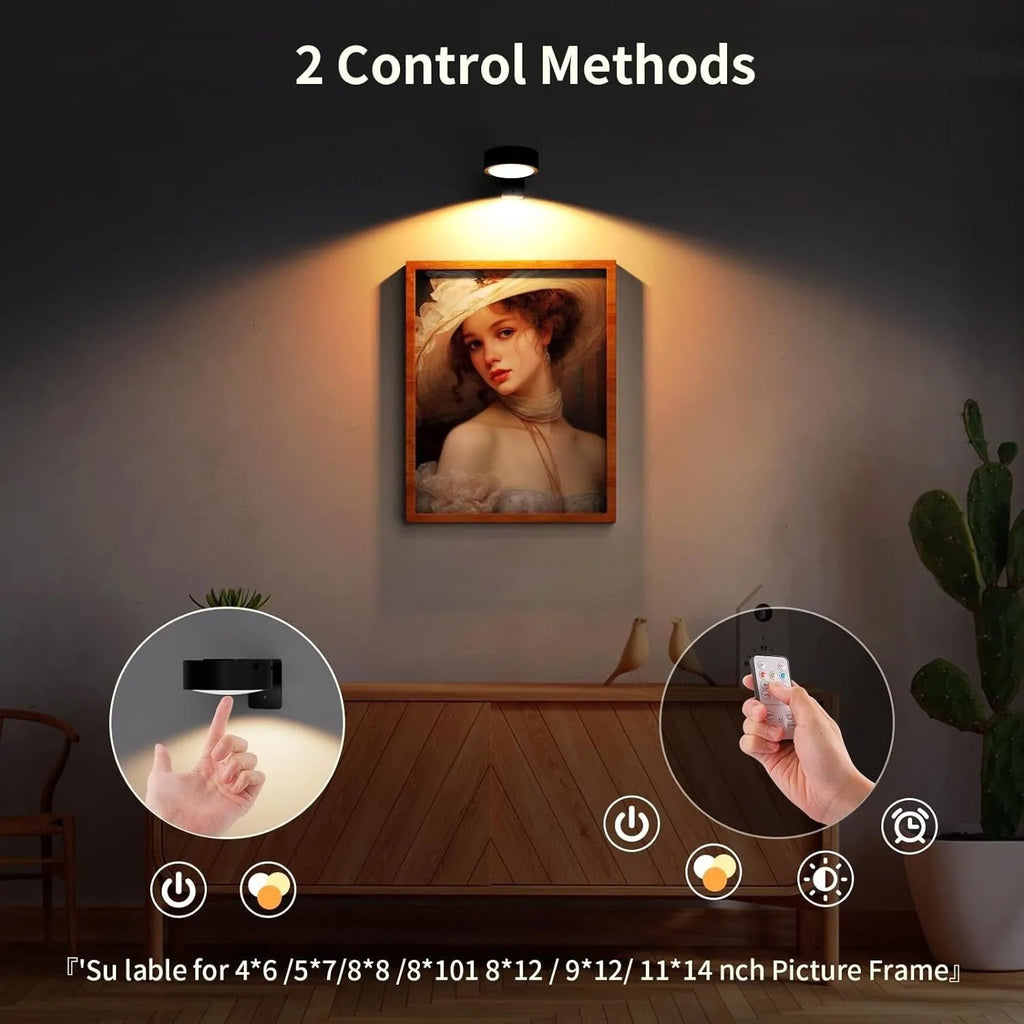 Wireless LED painting lamp with a magnetic mounting belt and remote control in black finish.