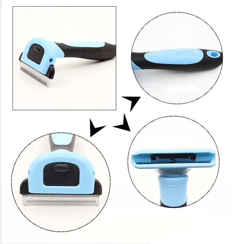 Pet hair removal comb for long straight hair pets in three sizes S M L and blue or pink colour options