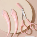 Curved moon eyebrow trimming knife with comb in white plastic and stainless steel for brow shaping