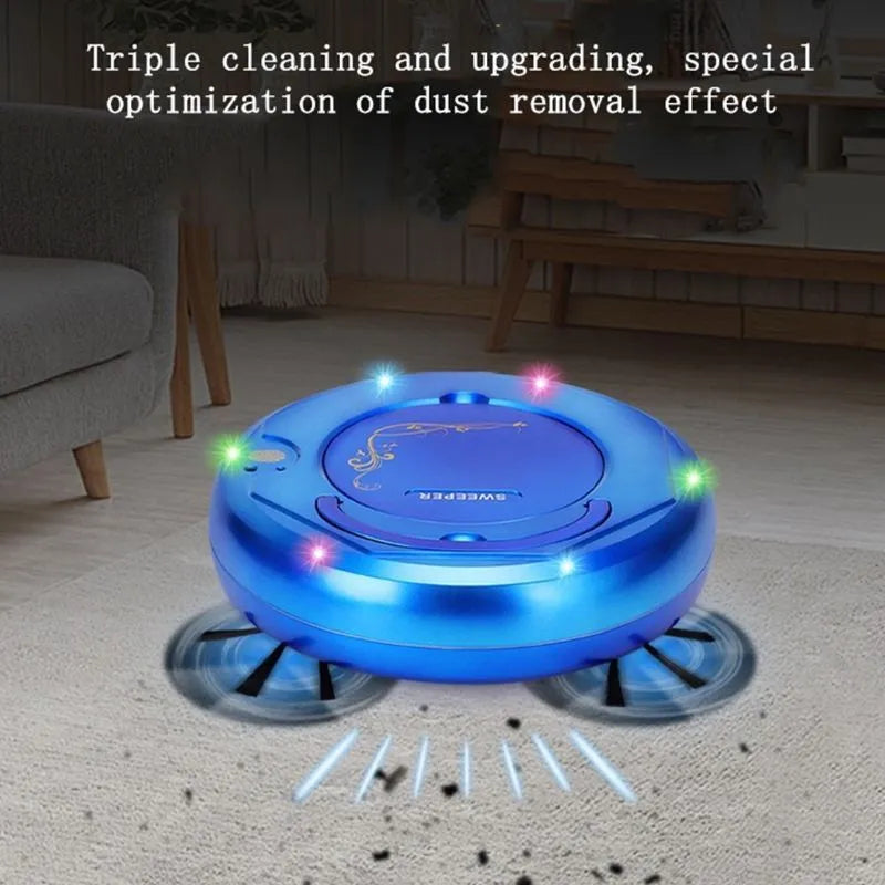 Lazy Smart floor sweeping robot vacuum cleaner in blue, black, or white on a hard floor.
