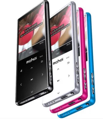 Black portable MP3 MP4 player with 2.4-inch touch screen showing music interface, placed on a desk.