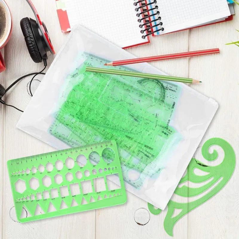 Set of 11 clear green plastic geometric drawing templates with poly zipper envelope