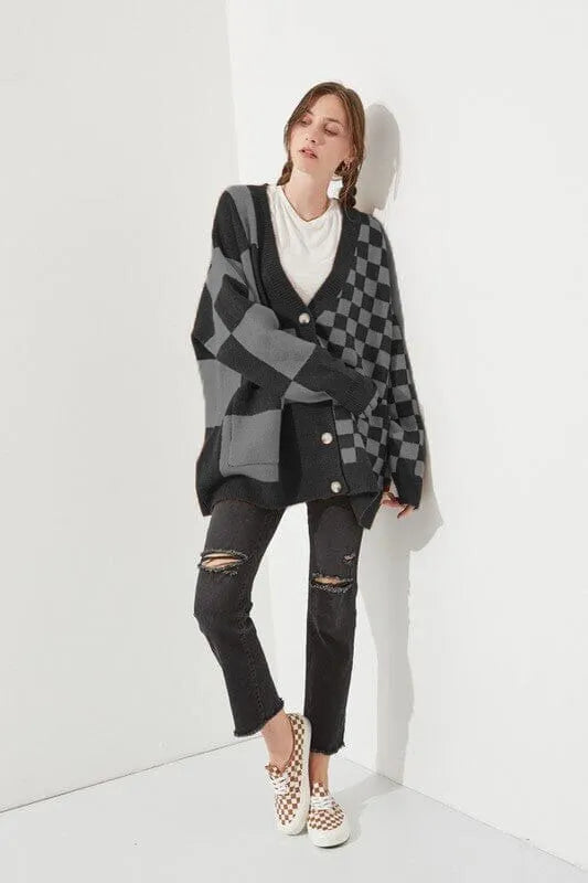 Women's loose slim fit printed checks knitwear cardigan in polyester spandex fabric