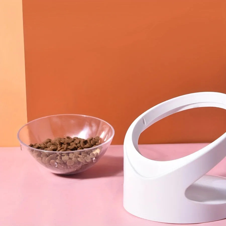 White elevated clear cat food bowl with anti-vomit tilt design