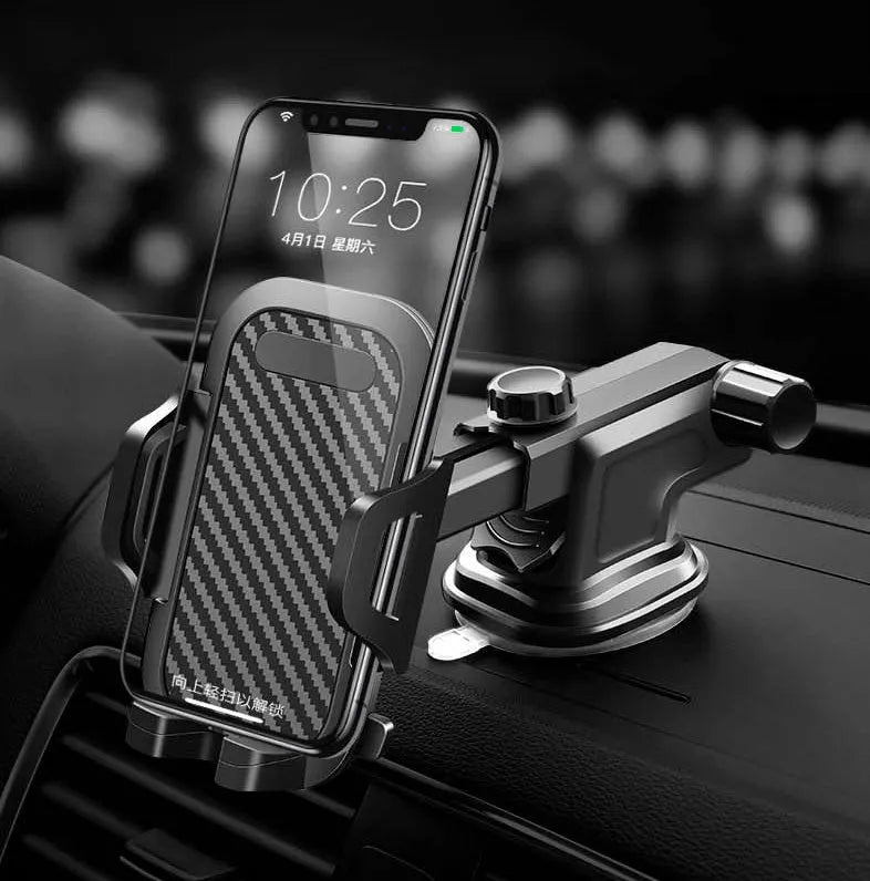 Black adjustable car phone holder showing width adjustment from 58mm to 80mm