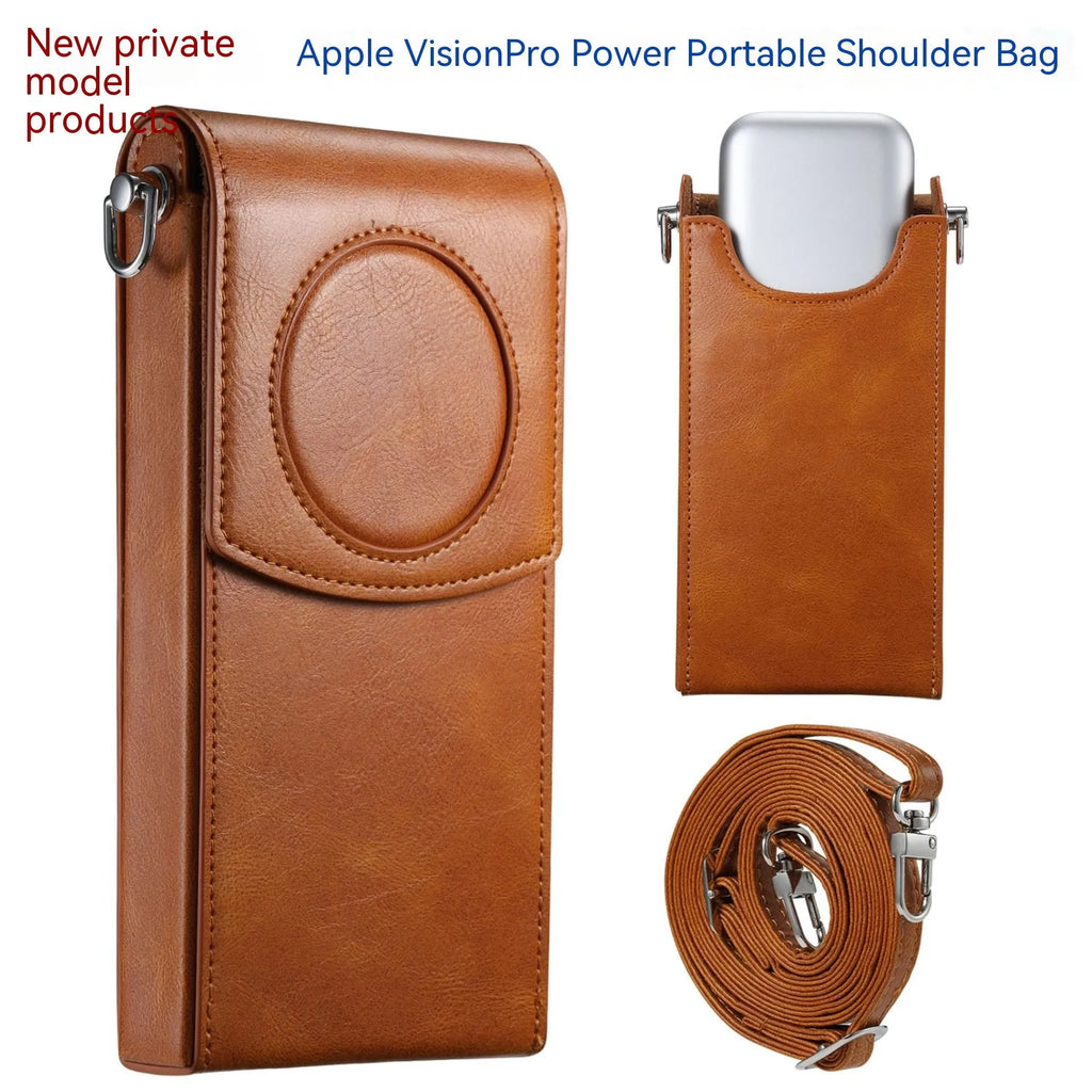 Brown Z leather storage satchel for Apple Vision Pro power supply protection sleeve