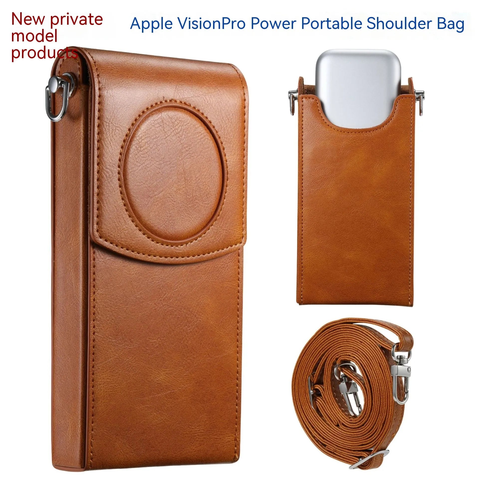 Brown Z leather storage satchel for Apple Vision Pro power supply protection sleeve