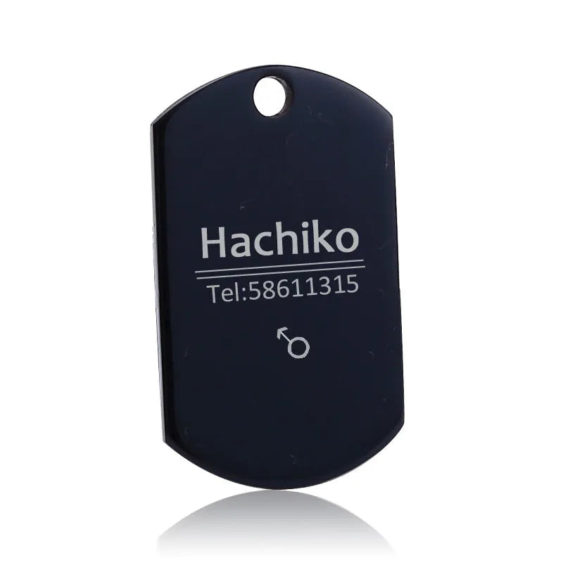 Small pendant stainless steel pet ID tag with custom laser engraving in bone shape on a collar