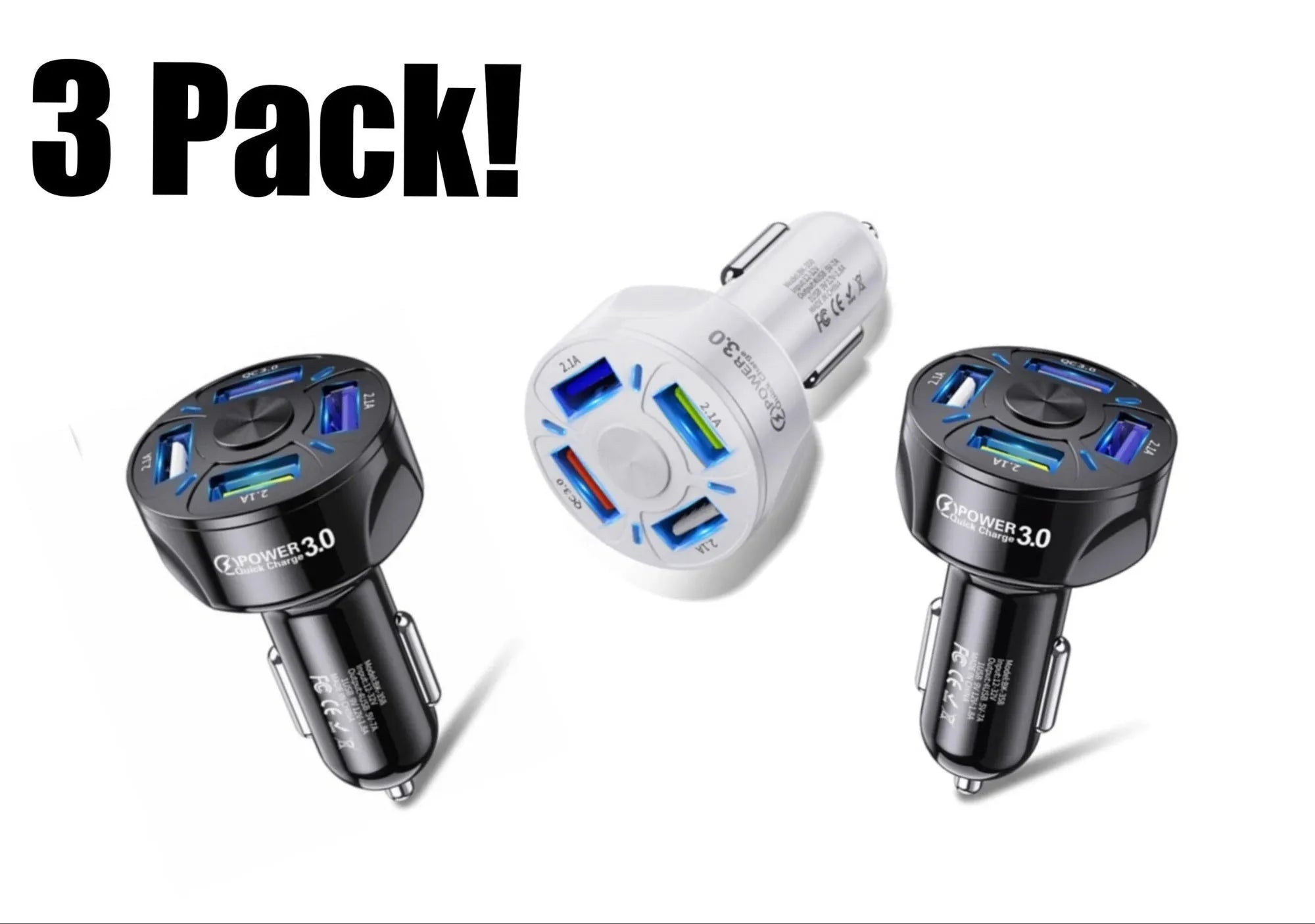 Fast charge car charger 4 USB ports QC3.0 3A ABS black white 3.8x3.8x7cm