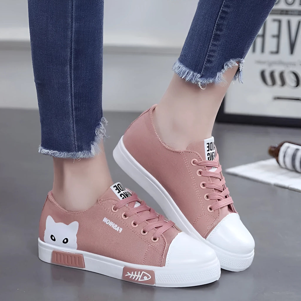 Cat fish print canvas shoes ladies slip-on casual sneakers pink black white sizes 35 to 40
