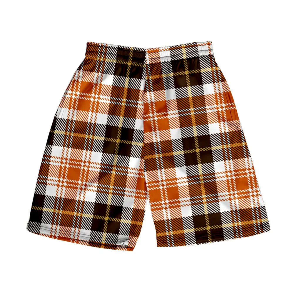 Men's polyester plaid shorts with elastic waistband in straight-leg casual style
