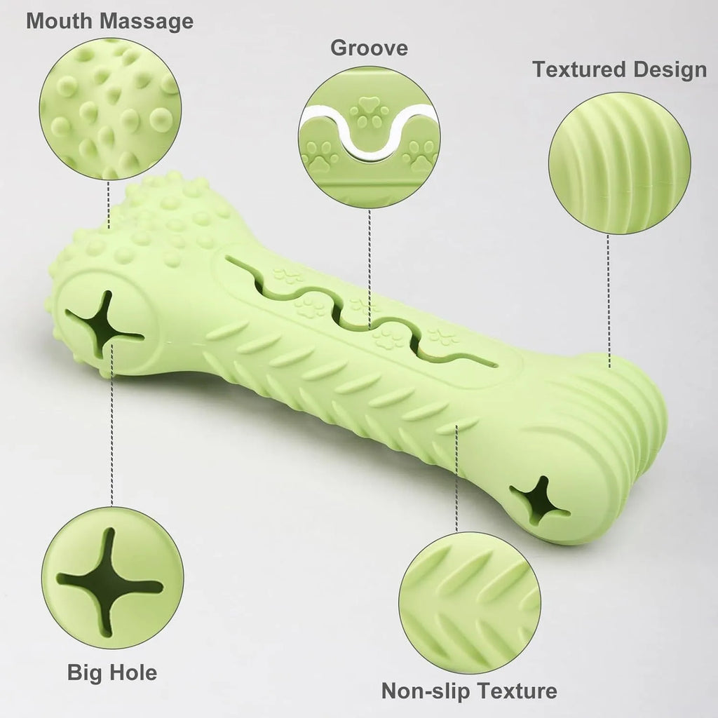 Blue green orange natural rubber bone-shaped dog chew toy for aggressive chewers with textured teeth cleaning surface