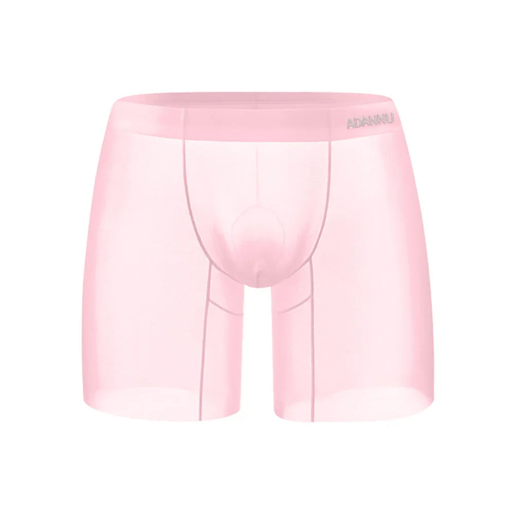 Men's orange seamless nylon boxer shorts with low waist and hip-lift design.