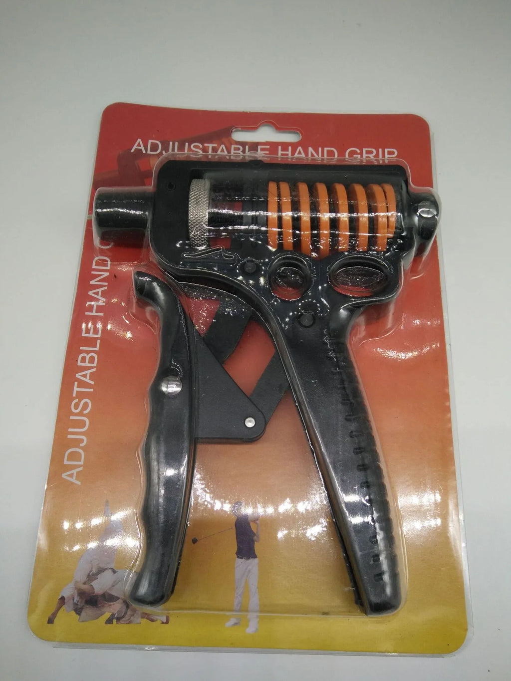 Black adjustable finger trainer grip strength exerciser with ABS and metal construction on a plain background