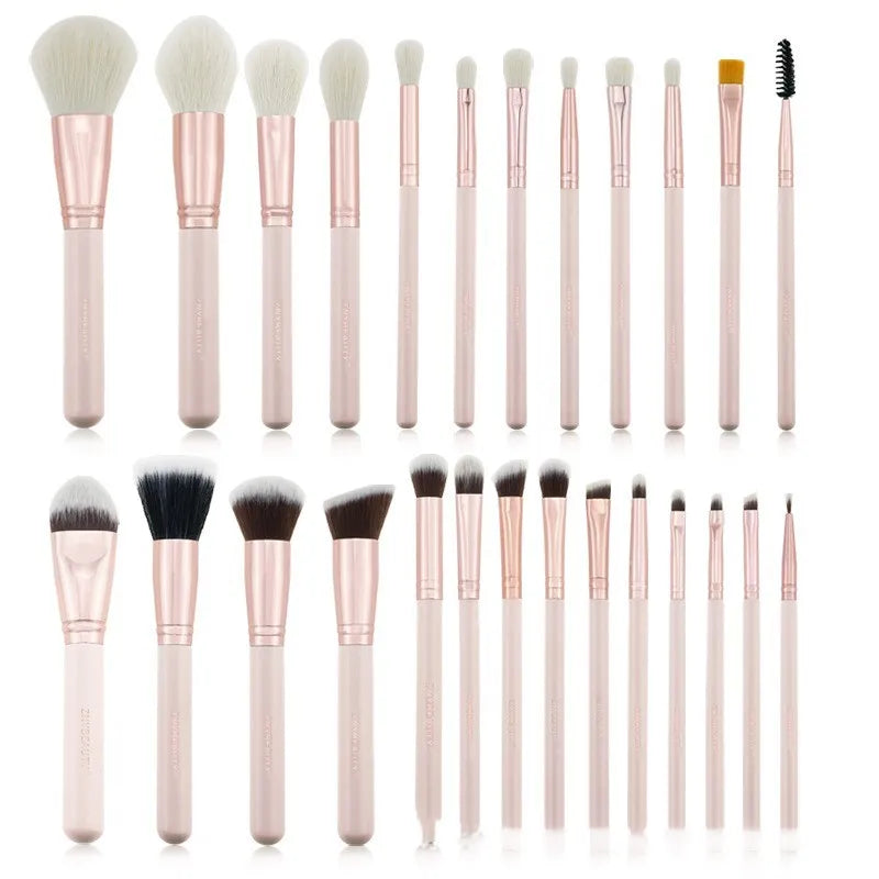 26 pink makeup brushes with wool heads and wooden handles in PU carrying case