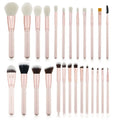 26 pink makeup brushes with wool heads and wooden handles in PU carrying case