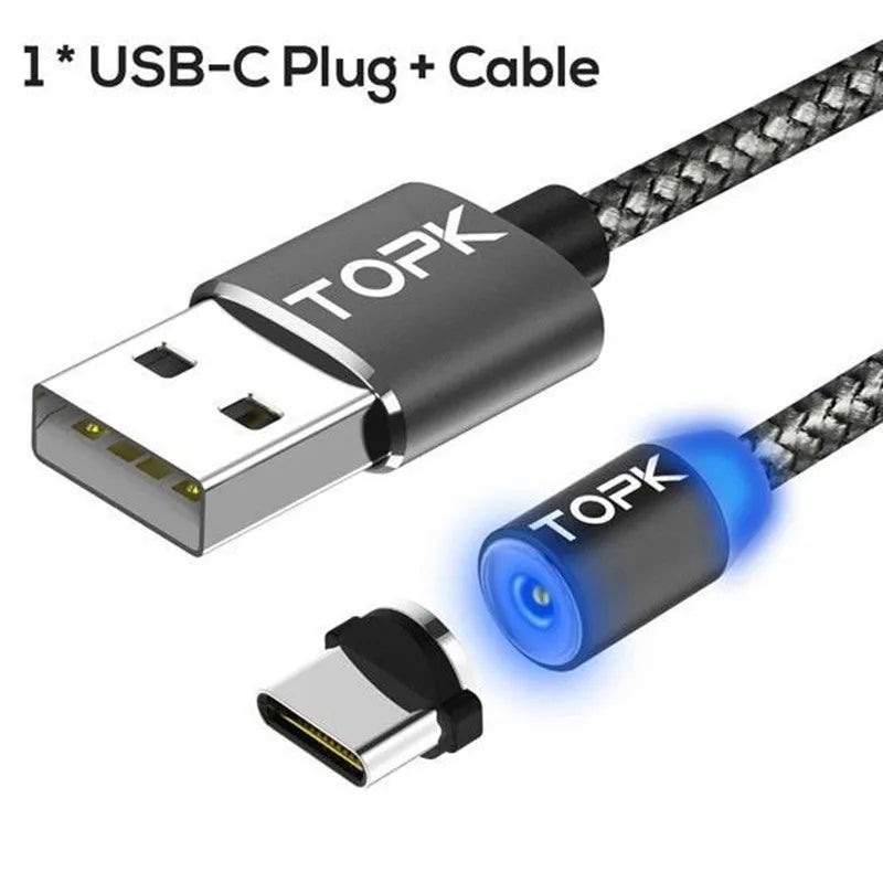 Magnetic charging cable with three interchangeable plugs for Apple Android and Type-C devices