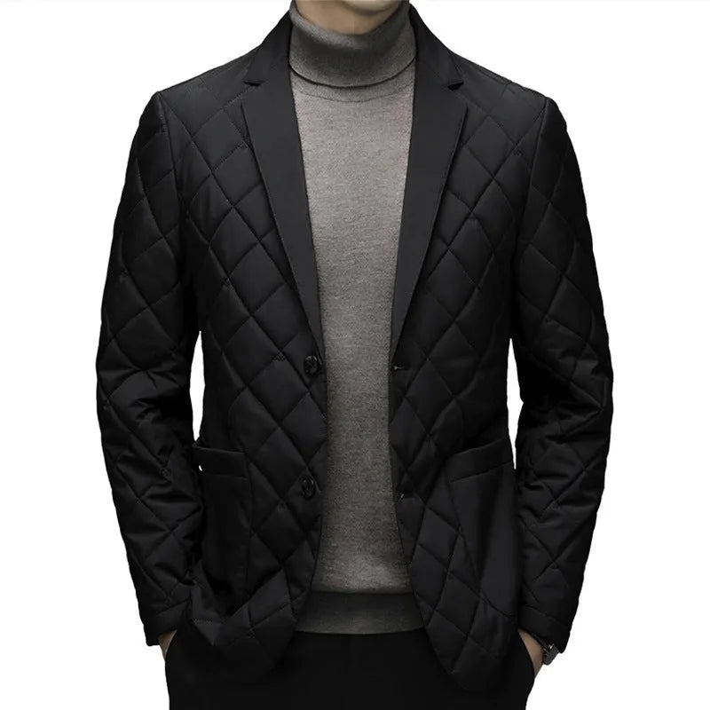Men's black lapel-style down winter cardigan jacket with side pockets