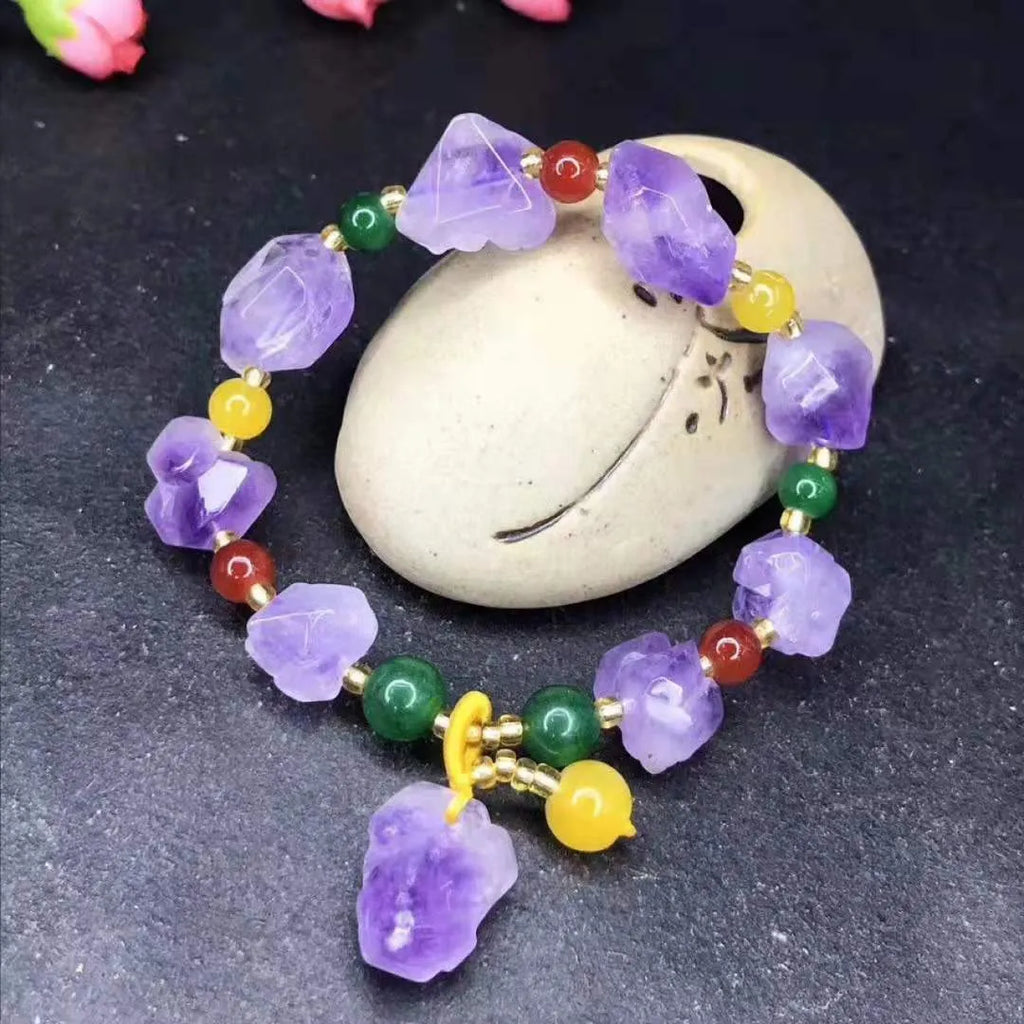 Natural shaped amethyst bead bracelet with fu character pendant for women's romantic styling
