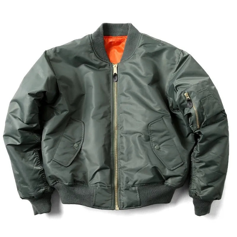 Men's loose fit army green nylon pilot jacket with cotton padding on a mannequin.