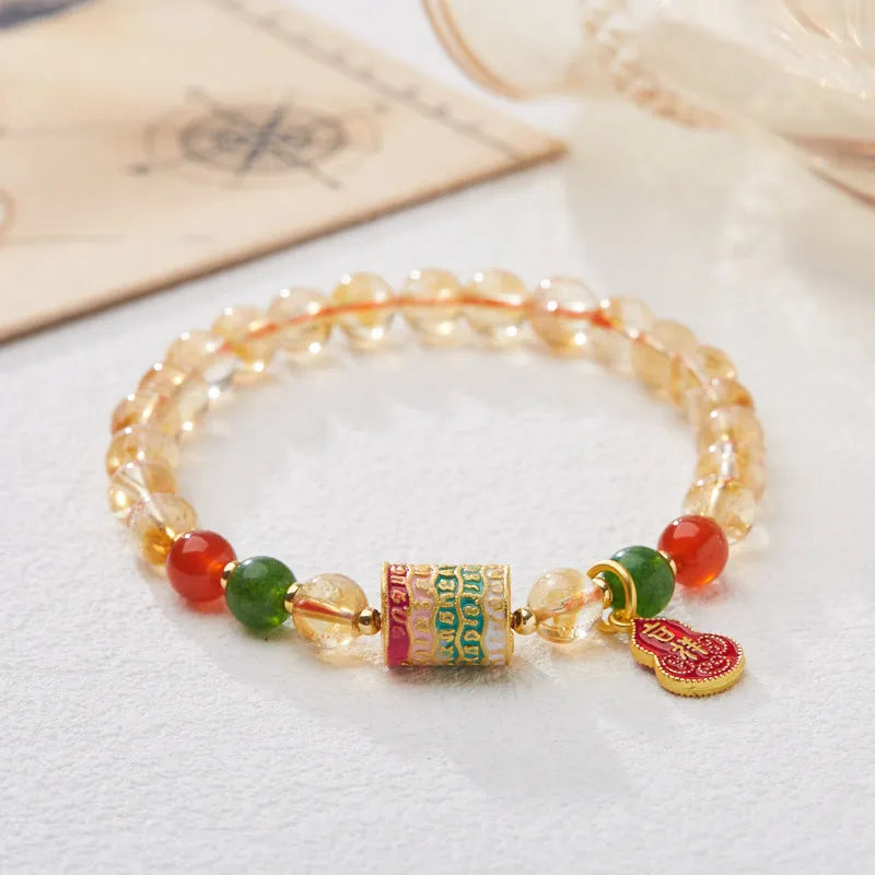Hand-woven citrine five sutra bracelet with 6mm crystal beads and geometric pattern