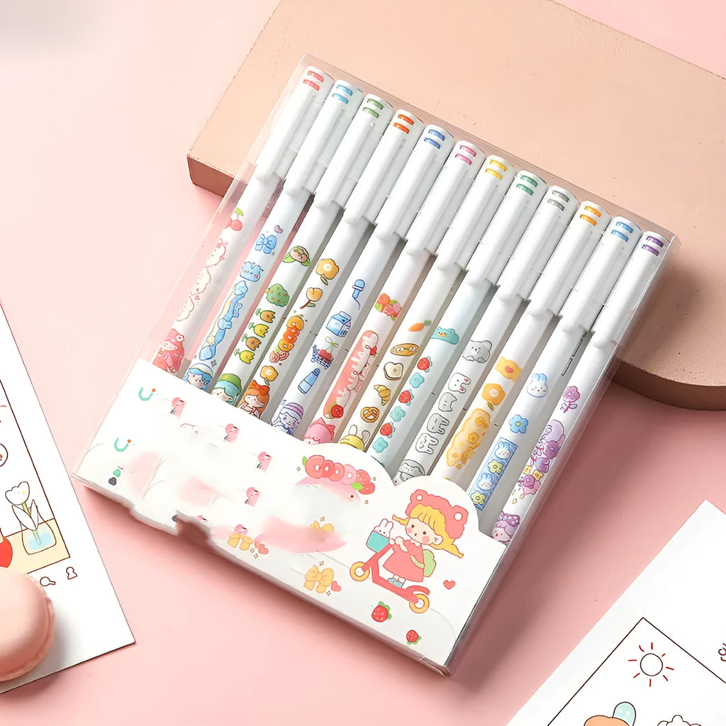 Twelve-colour gel pen set with cartoon-style plastic bodies and fine 0.5mm tips for hand account and office use.